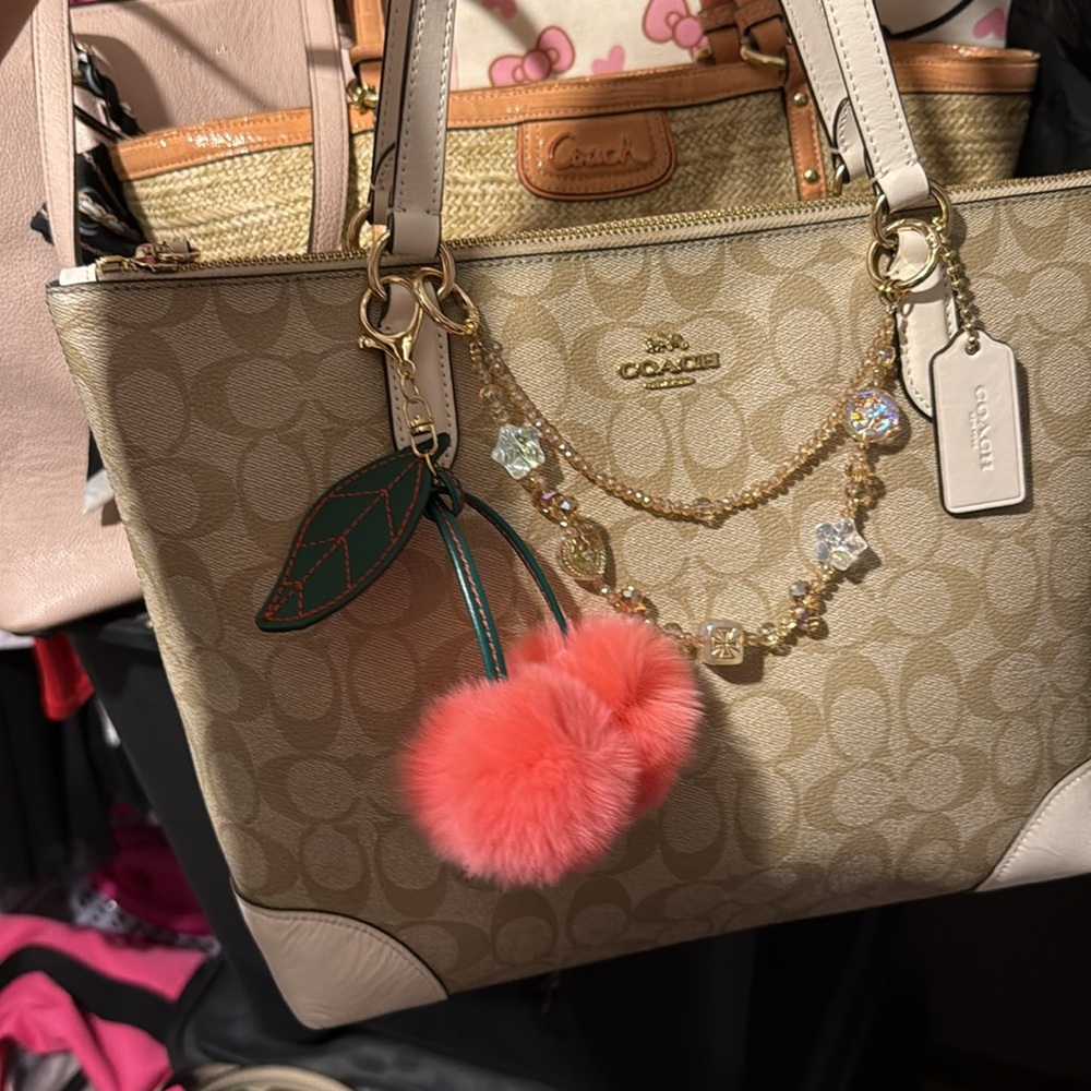 Coach Beige and Cream Tote Bag zip top signature canvas style comes with charm - Picture 11 of 11